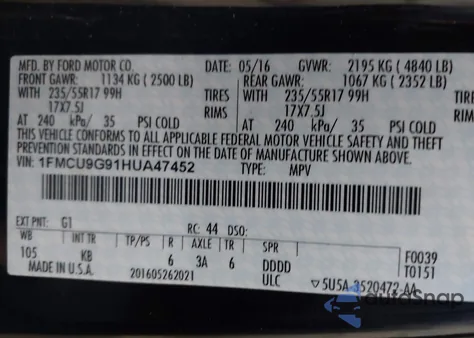2017 Ford Escape Se from USA, damaged, VIN 1FMCU9G91HUA47452